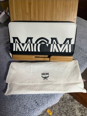 MCM Black and White Logo Zip-Around Wallet